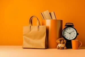 Komposition von Einkaufen Tag Konzept mit Einkaufen Taschen, Papier Taschen und Kopieren Raum. Einkaufen Tage Konzept durch ai generiert foto