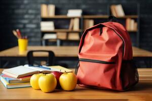 ein Bild von Tasche mit zwei Apfel mit Bücher im Klasse Zimmer im Schule generativ ai foto