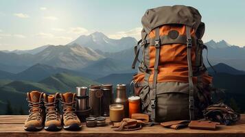 ein Bild von Camping Ausrüstung auf das Hintergrund von Berge. Rucksack, Trekking Schuhe, Thermosflasche, Kaffee Tasse und Flasche. generativ ai foto