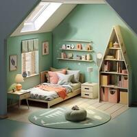 ein Bild von 3d machen von Kinder Zimmer Innere mit Möbel und Spielzeuge. generativ ai foto