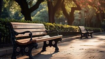 Bank im das Park im Herbst. selektiv Fokus auf Bank. Garten auf Hintergrund generativ ai foto