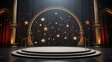 ein Foto von Podium und golden Sterne auf das Bühne. 3d Rendern Party Funktion Feier Tag generativ ai