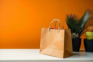 Komposition von Einkaufen Tag Konzept mit Einkaufen Taschen, Papier Taschen und Kopieren Raum. Einkaufen Tage Konzept durch ai generiert foto