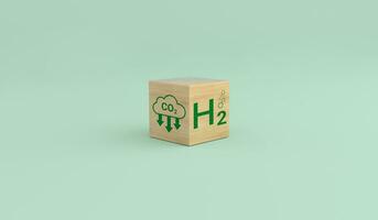 hölzern Würfel Block mit Symbole von h2 und Kohlenstoff Emissionen.nachhaltig Grün Energie. foto