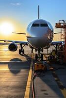 ein Foto von Flugzeug im Parkplatz Bereich mit leuchtenden Sonne Himmel Hintergrund Flugzeug Stehen im Werkstatt oder Stehen zum Wird geladen und Entladung Gepäck generativ ai