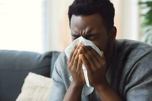 jung Mann habe Nase Allergie. Grippe Konzept. generativ ai. foto