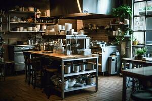 Innerhalb sauber Küche von ein modern Restaurant oder Mini Cafe mit Kochen Utensilien und klein Bar Zähler Konzept durch ai generiert foto