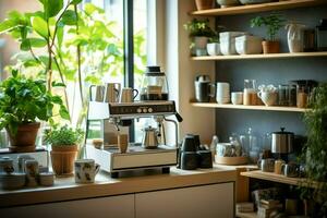 Innerhalb sauber Küche von ein modern Restaurant oder Mini Cafe mit Kochen Utensilien und klein Bar Zähler Konzept durch ai generiert foto