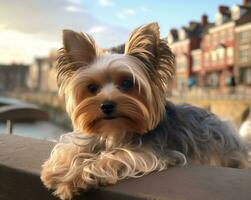 Yorkshire Terrier Hund Lügen gegen das Hintergrund von das Stadt, ai generativ foto