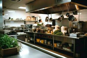 Innerhalb sauber Küche von ein modern Restaurant oder Mini Cafe mit Kochen Utensilien und klein Bar Zähler Konzept durch ai generiert foto