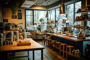 Innerhalb sauber Küche von ein modern Restaurant oder Mini Cafe mit Kochen Utensilien und klein Bar Zähler Konzept durch ai generiert foto