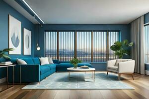 ein modern Leben Zimmer mit Blau Wände und hölzern Etagen. KI-generiert foto