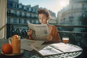 Mädchen lesen frisch Zeitung. generieren ai foto