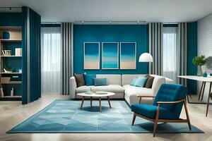 ein modern Leben Zimmer mit Blau Wände und Möbel. KI-generiert foto