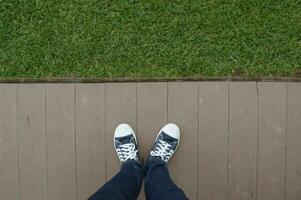 Frau Beine im Jeans und Turnschuhe auf Grün Gras Hintergrund foto