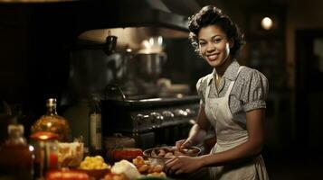 Jahrgang Porträt von ein lächelnd afrikanisch amerikanisch Frau Kochen im das Küche. foto