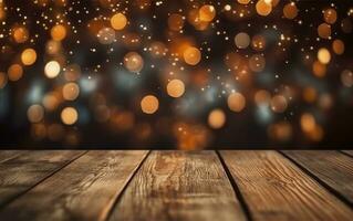 Weihnachten Bokeh Hintergrund, hölzern Hintergrund mit Bokeh, funkeln Sterne, rustikal Holz, und Hintergrund zum Produkt Präsentation. ai generativ foto