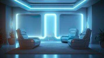 leeren Mauer im ein futuristisch sci fi Leben Zimmer mit Licht Gelb, Licht cyan, und Licht Blau Neon. ai generativ foto