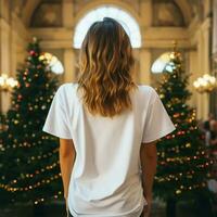 ai generiert Mädchen tragen Weiß Übergröße t - - Hemd im Vorderseite von Weihnachten Bäume. zurück Aussicht foto
