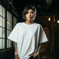 ai generiert ein asiatisch Mädchen mit Tätowierungen tragen ein Weiß übergroß T-Shirt foto