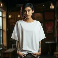 ai generiert ein asiatisch Mädchen mit Tätowierungen tragen ein Weiß übergroß T-Shirt foto