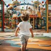 ai generiert zurück Aussicht von ein wild wenig Junge mit tragen Weiß t - - Hemd Laufen schnell um im ein Spielplatz foto