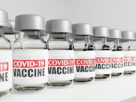 3D-Rendering von Covid-19-Impfstoffflaschen in einer Linie