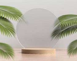 Podest aus Holz für die Produktpräsentation mit Palmblättern 3D-Rendering foto