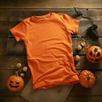 ai generiert ein leer Orange t - - Hemd Lügen im ein Schlafen Position auf ein hölzern Tabelle mit Halloween Ornamente foto
