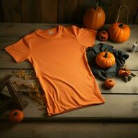 ai generiert ein leer Orange t - - Hemd Lügen im ein Schlafen Position auf ein hölzern Tabelle mit Halloween Ornamente foto