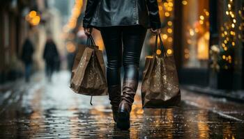 Frauen Gehen auf das Straße mit Einkaufen Taschen generativ ai foto