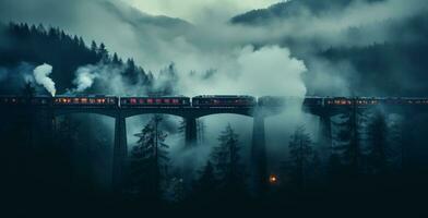 Züge ziehen um auf Brücke mit Rauch beim Nacht generativ ai foto
