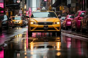 Gelb Taxi beim Nacht generativ ai foto