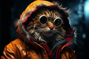 Porträt von ein Bengalen Katze tragen Sonnenbrille und ein Jacke. ai generativ foto