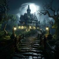 Halloween Hintergrund mit verfolgt Schloss und voll Mond. ai generativ foto