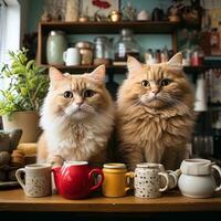 Katzen im ein Cafe Katzen Versammlung im ein Cafe mit Lebensmittel ai generativ foto