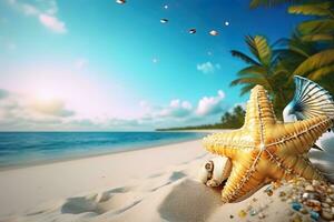 Blau Vogel Sitzung auf ein Kieselstein Strand mit Palme Bäume und Türkis Meer Kopieren Raum ai generativ foto