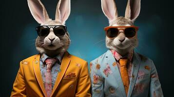 Ostern Hase mit Bogen Krawatte und Sonnenbrille auf abstrakt bunt Hintergrund. ai generativ foto
