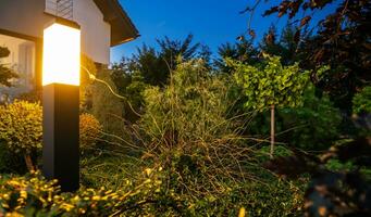 schön Steingarten Garten beleuchtet durch LED draussen Beleuchtung foto