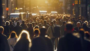 Menge von Menschen Gehen beschäftigt Stadt Straße hinterleuchtet. generativ ai foto