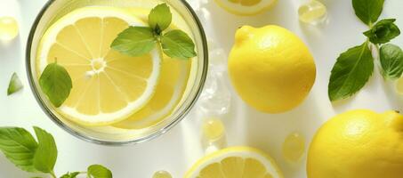 Limonade im ein Glas mit frisch Zitronen und Minze. kalt Sommer- trinken mit Kopieren Raum. generativ ai foto