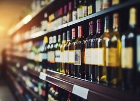 abstrakt verwischen Wein Flaschen auf Alkohol Alkohol Regale im Supermarkt Geschäft Hintergrund. generativ ai foto