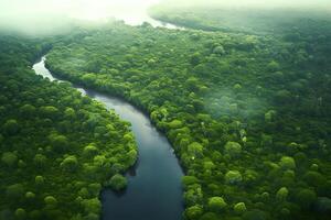 Antenne Aussicht von das Amazonas Urwald Landschaft mit Fluss biegen. generativ ai foto