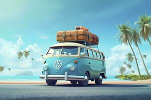 Sommer- reisen, Blau Auto van mit Gepäck zum Sommer- Feiertage, Strand Meer Sicht, Urlaub, ai generativ foto