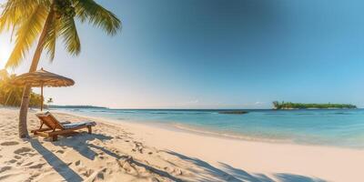 Weiß Sand und Kokosnuss Pflanze Reise Tourismus breit Panorama Hintergrund Konzept. generativ ai foto