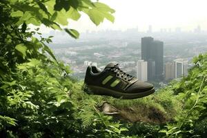 ein Foto war genommen Schuh mit Grün und Stadt , Kohlenstoff Fußabdruck Konzept. ai generativ