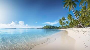 tropisch Paradies Strand mit Weiß Sand und Kristall klar Blau Wasser. schön natürlich Sommer- Ferien Ferien Hintergrund. Reise Tourismus breit Panorama Hintergrund Konzept. ai generativ foto