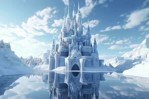 ein schneebedeckt Wunderland, ein 3d Rendern von elsa Schloss im ein Blau schneebedeckt Berg Hintergrund. ai generativ foto