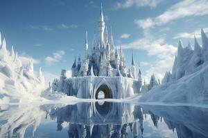 ein schneebedeckt Wunderland, ein 3d Rendern von elsa Schloss im ein Blau schneebedeckt Berg Hintergrund. ai generativ foto