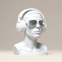 minimal Szene von Sonnenbrille und Kopfhörer auf Mensch Kopf Skulptur, Musik- Konzept, 3d Wiedergabe. ai generativ foto